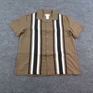 John Blair Shirt Mens L Brown Cotton Linen Striped Button-Up Short Sleeve NWOT